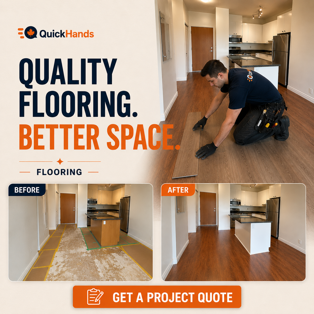 Real QuickHands flooring project shown as a before and after comparison