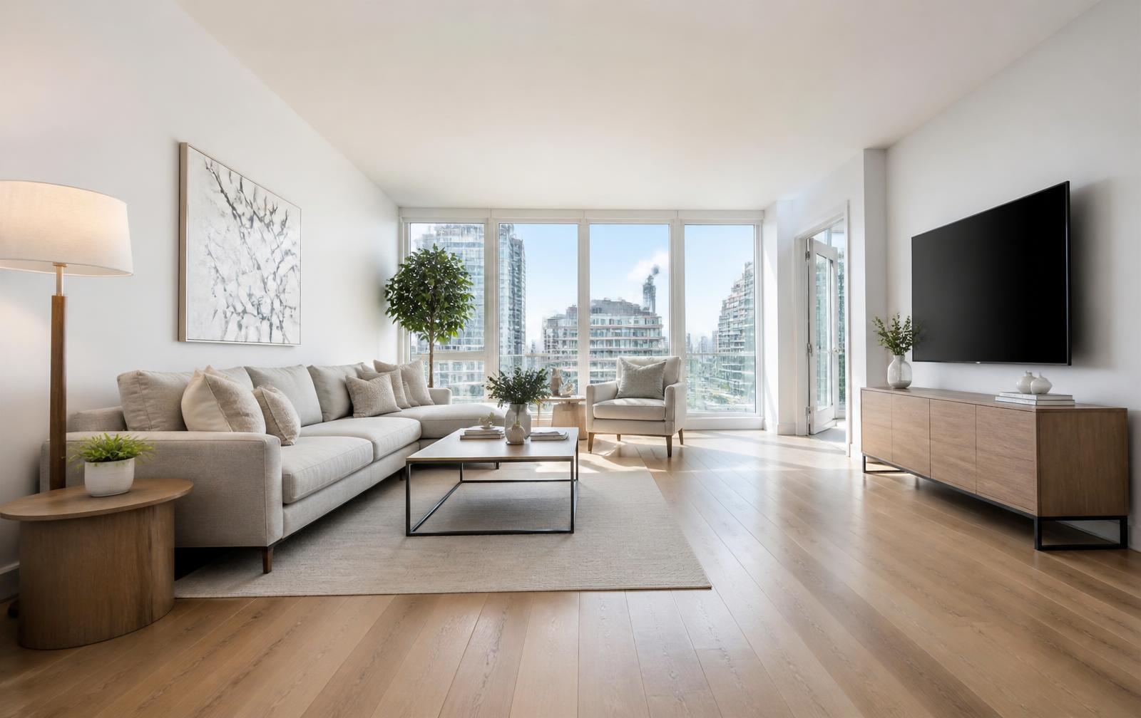Finished bright Vancouver condo living room with new wood-look plank flooring