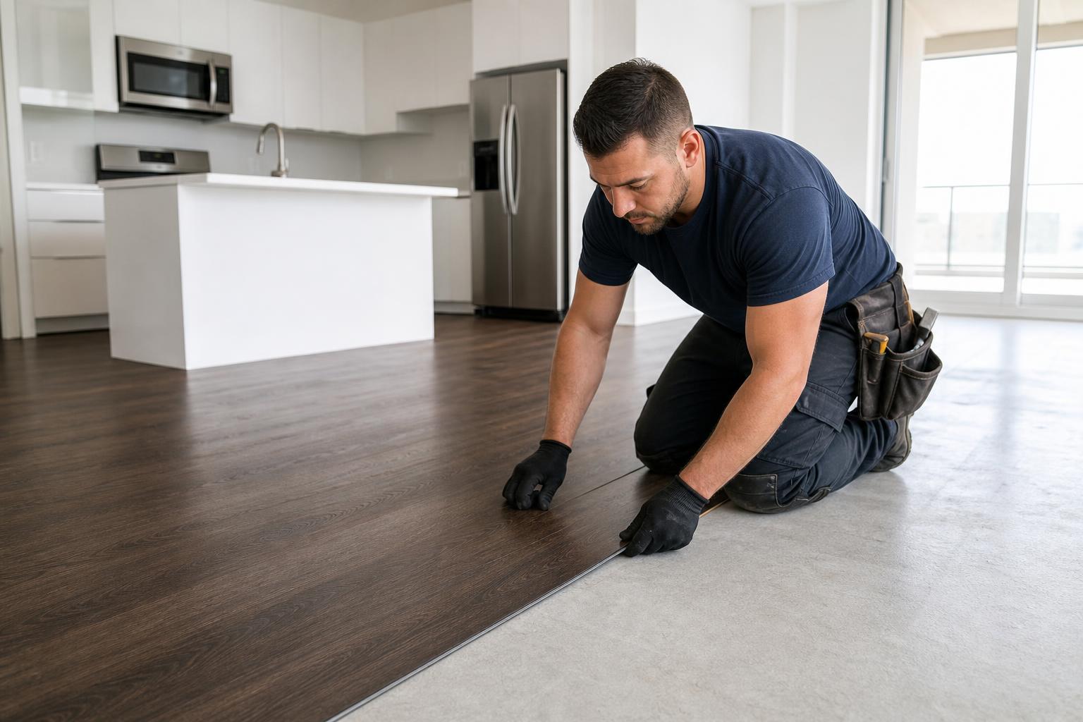 Installer laying a vinyl plank over a clean prepared existing floor surface